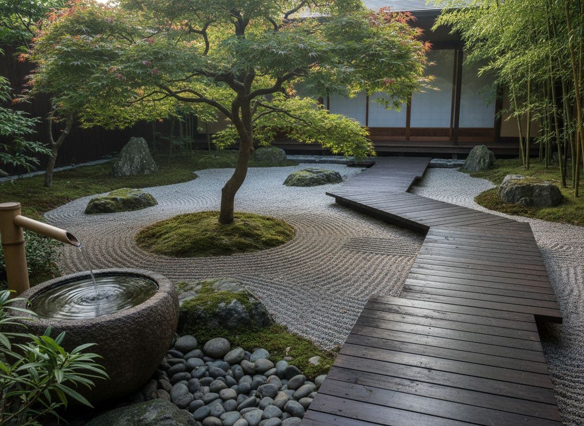 Japanisches KI Gartendesign mit Steinen, Ahorn und ruhigem Wasser