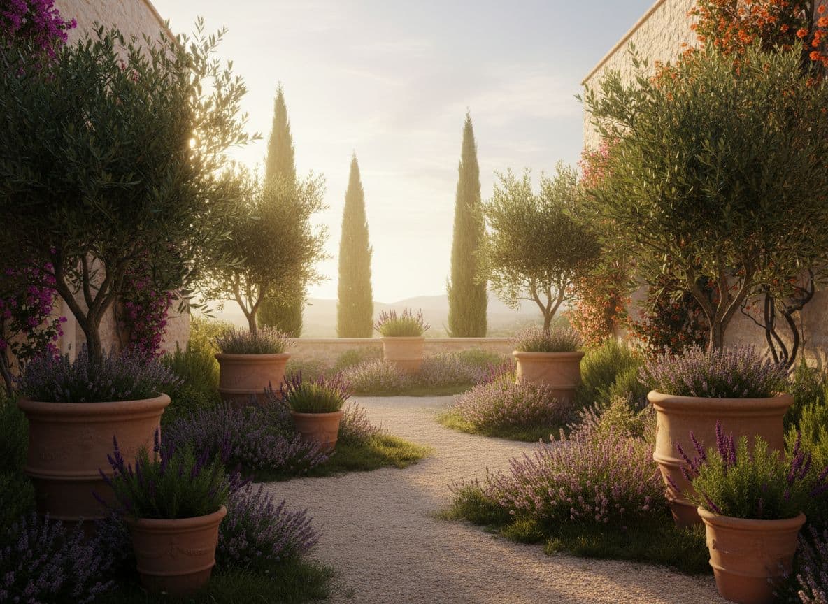 Mediterranes KI Gartendesign mit Lavendel, Oliven und Kies
